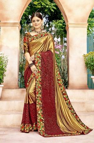 This Wedding Season, Look The Most Attractive Of all Wearing This Designer Golden Colored Saree Paired With Brown Colored Blouse. This Saree Is Fabricated On Lycra And Net Paired With Art Silk Fabricated Blouse. Buy This Designer Saree Now.
