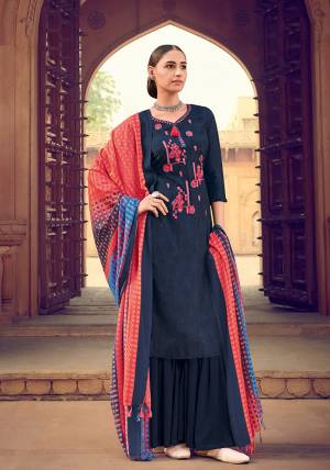 Navy blue color muslin silk fabric suit comes with matching colored santoon Solid bottom with printed dupatta. This suit is covered with floral print with touc of thread work on top. Team it with a sandles to create a contrasting effect.