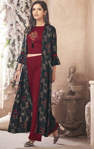 Grab This Beautiful Designer Readymade Indo Western Set Which Has Maroon Colored Top And Bottom Paired With Printed Navy Blue Colored Jacket. This Whole Set Is Fabricated On Rayon Beautified With Prints And Embroidery. Buy Now.