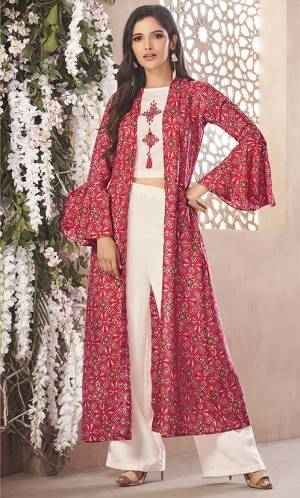 Rich And Elegant Looking Designer Readymade Indo-Western Set Is Here In Off-White Colored Top And Bottom Paired With Red Colored Jacket. Its Top And Bottom Are Fabricated On Rayon Paired With Rayon Fabricated Jacket. It Is Light In Weight And Easy To Carry All Day Long. 