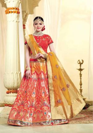 Adorn The Beautiful Angelic Look Wearing This Bright Color Pallete Lehenga Choli In Red Color Paired With Contrasting Musturd Yellow Colored Dupatta. Its Blouse Is Fabricated On Art Silk Paired With Jacquard Silk Fabricated Lehenga And Dupatta. Buy Now.