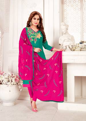 Bright Color Pallete Is Here With This Designer Straight Suit In Sea Green Colored Top Paired With Contrasting Rani Pink Colored Bottom And Dupatta. Its Top IS Fabricated On Glass Cotton Paired With cotton Bottom And Chiffon Dupatta. 