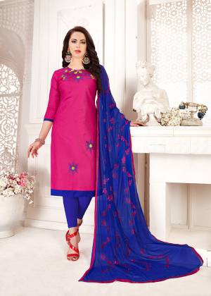 Catch All The Limelight Wearing This Designer Dress Material In Dark Pink Colored Top Paired With Contrasting Royal Blue Colored Bottom And Dupatta. Its Top And Bottom Are Cotton Based Paired With Chiffon Dupatta. Get This Stitched As Per Your Desired Fit And Comfort. 