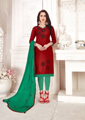 If Those Readymade Suit Does Not Lend You The Desired Comfort Than Grab This Designer cotton Based Dress Material And Get This Stitched As per Your Desired Fit And Comfort. Its Top Is In Maroon Color Paired With Contrasting Sea Green Colored Bottom And Dupatta. Buy Now.