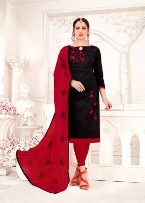 For A Bold And Beautiful Look, Grab This Dress Material In Black Colored Top Paired With Red Colored Bottom And Dupatta. Its Top And Bottom Are Cotton Based Paired With Chiffon Dupatta. Its Top And Dupatta Are Beautified With Thread Work .