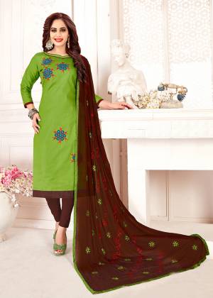 Add Some Casuals With This Dress Material In Green Colroed Top Paired With Contrasting Brown Colored Bottom And Dupatta. Its Top And bottom Are Cotton Based Paired With Chiffon Dupatta. It Is Light In Weight And You Can Get This Stitched As Per Your Desired Fit And Comfort. 