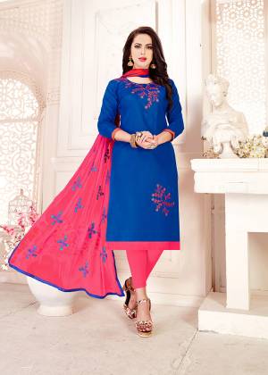 Shine Bright In This Royal Blue Colored Dress Material Paired With Contrasting Pink Colored Bottom And Dupatta. Its Top And Bottom Are Cotton Based Paired With Chiffon Dupatta. Its Fabrics Are Soft Towards Skin And Ensures Superb Comfort All Day Long. Buy Now.