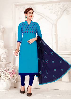 Go with The Shades Of Blue With This Dress Material In Blue colored Top Paired With Navy Blue Colored Bottom And Dupatta. This Dress Material IS Cotton Based Paired With Chiffon Dupatta. Buy Now.