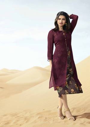 IF You Like Dark Shades Than Grab This Designer Readymade Kurti In Wine Color Fabricated On Georgette. It IS Light Weight And Easy To Carry All Day Long. 