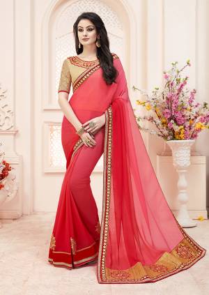 Look Pretty Wearing This Designer Saree In Shades Of Pink Paierd With Beige Colored Blouse. This Saree Is Fabricated On Georgette Paired With Art Silk & Net Fabricated Blouse. Buy Now.
