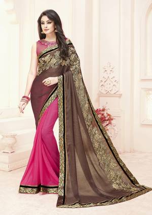 Pretty Color Pallete Is Here With This Designer Saree In Grey And Pink Color Paired With Pink Colored Blouse. This Saree Is Fabricated On Woven Silk And Chinon Paired With Net Fabricated Blouse. All Its Fabric Are Light Weight And Easy To Carry. 