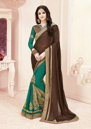 Add This Beautiful Designer Saree To Your Wardrobe In Brown And Sea Green Color Paired With Same Colored Blouse. This Saree Is Fabricated On Woven Silk And Georgette Paired With Brocade, Net And Georgette Fabricated Blouse. 