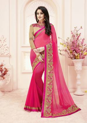 Look Pretty Wearing This Designer Saree In Shades Of Pink Paierd With Beige Colored Blouse. This Saree Is Fabricated On Chiffon Paired With Art Silk & Net Fabricated Blouse. Buy Now.