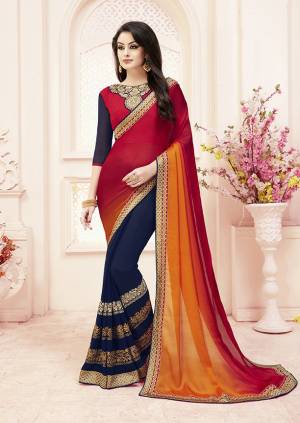 Go Colorful wearing This Shaded Saree In Maroon And Navy Blue With A Shade Of Yellow. This Saree Is Fabricated On Satin Chiffon And Georgette Paired With Art Silk And Georgette Fabricated Blouse. 