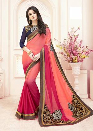 Shades Are In This Season, So Grab This Designer Shaded Saree In Peach and Pink Color Paired With Contrasting Navy Blue Colored Blouse. This Saree Is Fabricated On Woven Chiffon Paired With Art Silk And Georgette Fabricated Blouse. 