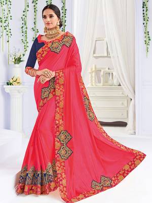 Drape this Dark pink color two tone silk fabrics saree. this gorgeous saree featuring a beautiful mix of designs. look gorgeous at an upcoming any occasion wearing the saree. Its attractive color and heavy designer embroidered saree, patch design, stone design, beautiful floral design all over work over the attire & contrast hemline adds to the look. Comes along with a contrast unstitched blouse.