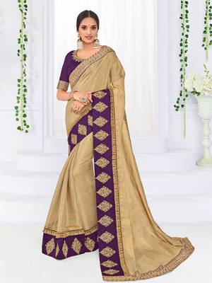 Classy, sensuous and versatile are the perfect words to describe this beige color banarasi silk fabrics saree. Ideal for party, festive & social gatherings. this gorgeous saree featuring a beautiful mix of designs. Its attractive color and heavy designer embroidered saree, zari design, stone design, beautiful floral design all over work over the attire & contrast hemline adds to the look. Comes along with a contrast unstitched blouse.