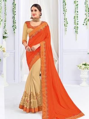 Show your elegance by wearing this gorgeous orange and Cream color two tone silk and silk fabrics saree. Ideal for party, festive & social gatherings. this gorgeous saree featuring a beautiful mix of designs. Its attractive color and heavy designer embroidered saree, stone design, beautiful floral design all over work over the attire & contrast hemline adds to the look. Comes along with a contrast unstitched blouse.