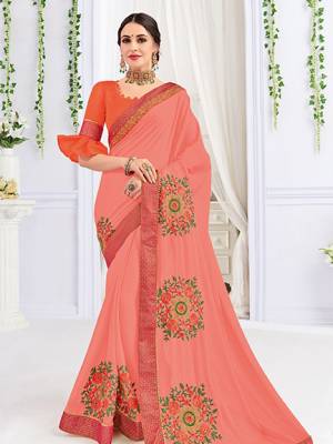 Gorgeously mesmerizing is what you will look at the next wedding gala wearing this beautiful Pink color bright georgette saree. Ideal for party, festive & social gatherings. this gorgeous saree featuring a beautiful mix of designs. Its attractive color and heavy designer embroidered saree, gotta design, stone design, beautiful floral design all over work over the attire & contrast hemline adds to the look. Comes along with a contrast unstitched blouse.