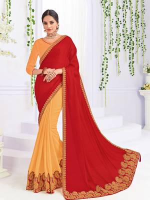 Flaunt your gorgeous look wearing this red and Orange color bright georgette and silk fabrics saree. Ideal for party, festive & social gatherings. this gorgeous saree featuring a beautiful mix of designs. Its attractive color and heavy designer embroidered saree, patch design, stone design, beautiful floral design all over work over the attire & contrast hemline adds to the look. Comes along with a contrast unstitched blouse.