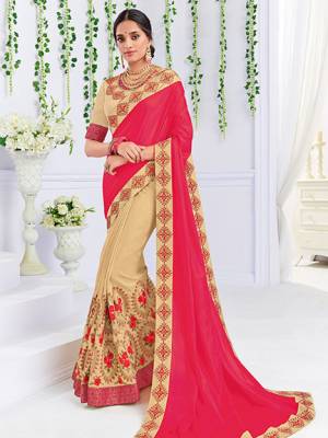 You Look elegant and stylish this festive season by draping this Dark pink and beige color two tone silk and silk fabrics saree. Ideal for party, festive & social gatherings. this gorgeous saree featuring a beautiful mix of designs. Its attractive color and heavy designer embroidered saree, stone design, beautiful floral design all over work over the attire & contrast hemline adds to the look. Comes along with a contrast unstitched blouse.