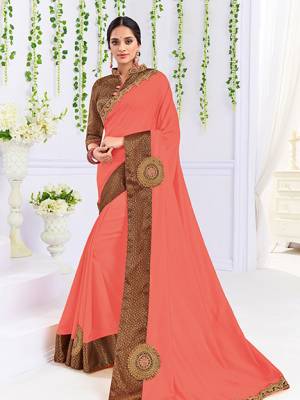 Bring out the best in you when wearing this Dark peach color silk fabrics saree. Ideal for party, festive & social gatherings. this gorgeous saree featuring a beautiful mix of designs. Its attractive color and heavy designer embroidered saree, patch design, stone design, beautiful floral design all over work over the attire & contrast hemline adds to the look. Comes along with a contrast unstitched blouse.