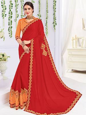 The fabulous pattern makes this saree a classy number to be included in your wardrobe. red color silk fabrics saree. Ideal for party, festive & social gatherings. this gorgeous saree featuring a beautiful mix of designs. Its attractive color and heavy designer embroidered saree, patch design, stone design, beautiful floral design all over work over the attire & contrast hemline adds to the look. Comes along with a contrast unstitched blouse.