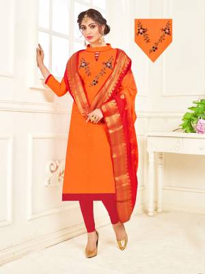 This Festive Season Look Most Attractive Of All Wearing This Designer Straight Suit In Orange Colored Top Paired With Contrasting red Colored Bottom And Orange & Red Shaded Dupatta. This Dress Material Is Cotton Based Paired With Banarasi Art Silk Fabricated Dupatta. 