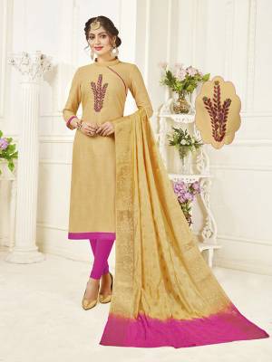 Flaunt Your Rich And Elegant Taste With This Subtle Color Pallete Designer Straoght Suit. Its Top Is In Beige Color Paired With Pink Colored Bottom And Beige And Pink Dupatta. Its Top And Bottom Are Cotton Based Paired With Banarasi Dupatta. Buy This Dress Material Now.