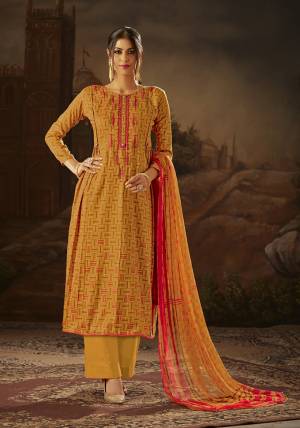 For An Elegant Festive Look, Grab This Designer Dress Material In Musturd Yellow Color. Its Top And Bottom Are Fabricated On Cotton Paired With Chiffon Dupatta. Buy Now.