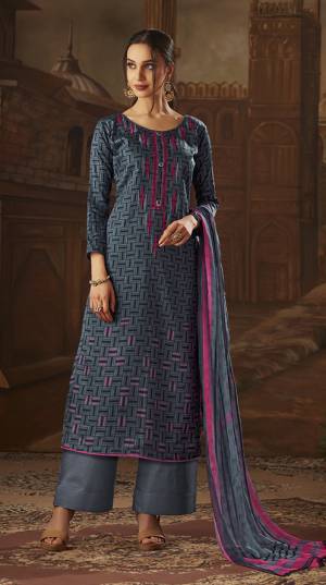 Enhance Your Personality Wearing This Designer Suit In Dark Grey Color Paired With Dark Grey And Pink Colored Dupatta. This Dress Material Is Fabricated On Cotton Paired With Chiffon Dupatta. It Is Light In weight And Easy to Carry All Day Long. 