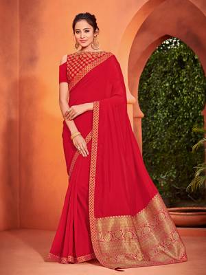 Show your elegance by wearing this gorgeous red color silk fabrics saree. this gorgeous saree featuring a beautiful mix of designs. look gorgeous at an upcoming any occasion wearing the saree. Its attractive color and designer heavy embroidered silk design, stone design, beautiful floral design work over the attire & contrast hemline adds to the look. Comes along with a contrast unstitched blouse.