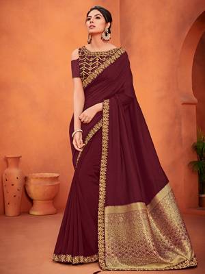 Look attractively Gorgeous and Beautiful after wearing this beautiful maroon color silk fabrics saree. this party wear saree won't fail to impress everyone around you. this gorgeous saree featuring a beautiful mix of designs. Its attractive color and designer heavy embroidered silk design, stone design, beautiful floral design work over the attire & contrast hemline adds to the look. Comes along with a contrast unstitched blouse.