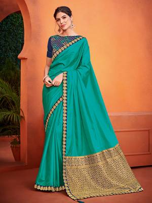 Get this amazing saree and look pretty like never before. wearing this Turquoise Blue color two tone silk fabrics saree. look gorgeous at an upcoming any occasion wearing the saree. this party wear saree won't fail to impress everyone around you. Its attractive color and designer heavy embroidered silk design, stone design, beautiful floral design work over the attire & contrast hemline adds to the look. Comes along with a contrast unstitched blouse.