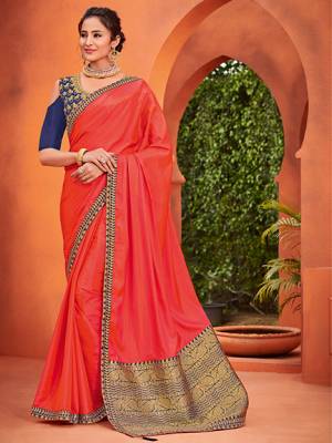 Flaunt your gorgeous look wearing this orange color two tone silk fabrics saree. this gorgeous saree featuring a beautiful mix of designs. look gorgeous at an upcoming any occasion wearing the saree. Its attractive color and designer heavy embroidered silk design, stone design, beautiful floral design work over the attire & contrast hemline adds to the look. Comes along with a contrast unstitched blouse.