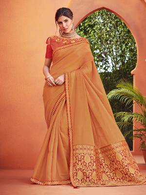 You Look elegant and stylish this festive season by draping this Beige color banarasi silk with zari saree. Ideal for party, festive & social gatherings. this gorgeous saree featuring a beautiful mix of designs. Its attractive color and designer heavy embroidered silk design, stone design, beautiful floral design work over the attire & contrast hemline adds to the look. Comes along with a contrast unstitched blouse.