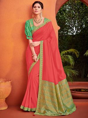 marvelously charming is what you will look at the next wedding gala wearing this beautiful Pink color silk fabrics saree. this gorgeous saree featuring a beautiful mix of designs. look gorgeous at an upcoming any occasion wearing the saree. Its attractive color and designer heavy embroidered silk design, stone design, beautiful floral design work over the attire & contrast hemline adds to the look. Comes along with a contrast unstitched blouse.