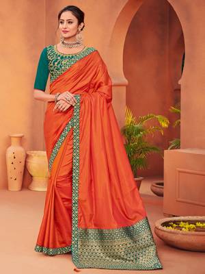 Bring out the best in you when wearing this orange color two tone silk fabrics saree. Ideal for party, festive & social gatherings. this gorgeous saree featuring a beautiful mix of designs. Its attractive color and designer heavy embroidered silk design, stone design, beautiful floral design work over the attire & contrast hemline adds to the look. Comes along with a contrast unstitched blouse.