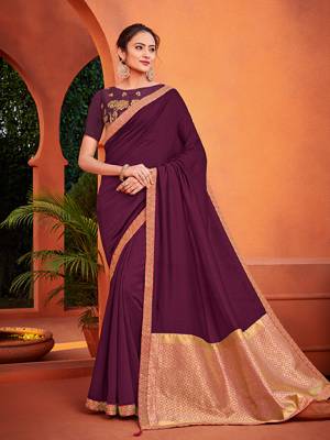 Look your ethnic best by wearing this Wine color silk fabrics saree. look gorgeous at an upcoming any occasion wearing the saree. this party wear saree won't fail to impress everyone around you. Its attractive color and designer heavy embroidered silk design, stone design, beautiful floral design work over the attire & contrast hemline adds to the look. Comes along with a contrast unstitched blouse.