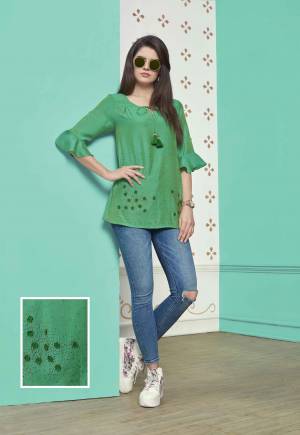 Another Regular Wear Readymade Top IS Here In Green Color Fabricated On Muslin Cotton. This Prett Top Is Available In All Regular Sizes. Buy Now.