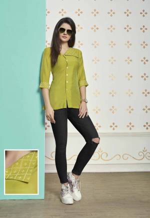 Add This New Pretty Shade To Your Wardrobe In Pear Green Colored Readymade Top Fabricated On Muslin Cotton. Its Unique Color And Collar Pattern Will Earn You Lots Of Compliments From Onlookers. 
