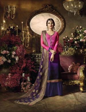 Look Pretty In Such Girly Color Pallete With This Designer Smei-Stitched Suit In Shaded Pink And Purple Colored Top Paired With Purple Colored Bottom And Dupatta. Its Top Is Fabricated On Satin Georgette Paired With Santoon Bottom And Banarasi Art Silk Dupatta. Buy Now.