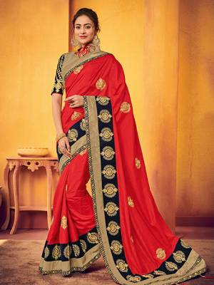Show your elegance by wearing this gorgeous red color two tone silk fabrics saree. this gorgeous saree featuring a beautiful mix of designs. look gorgeous at an upcoming any occasion wearing the saree. Its attractive color and designer floral design, stone work over the attire & contrast hemline adds to the look. Comes along with a contrast unstitched blouse.