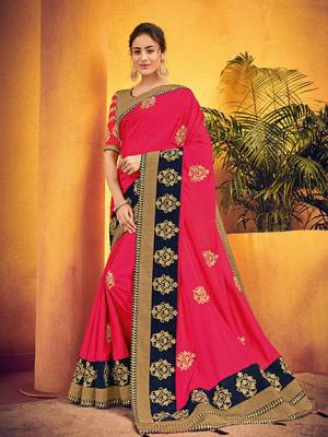 Presenting this Rani Pink color two tone silk fabrics saree. look gorgeous at an upcoming any occasion wearing the saree. this party wear saree won't fail to impress everyone around you. Its attractive color and designer floral design, stone work over the attire & contrast hemline adds to the look. Comes along with a contrast unstitched blouse.