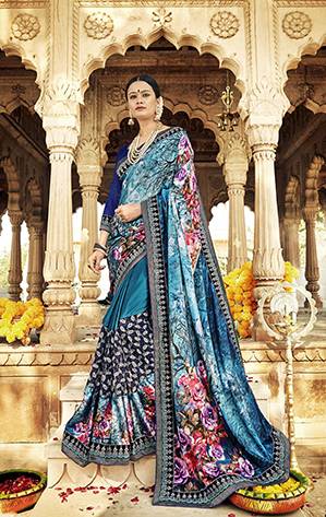 This Festive Season, Look The Most Unique Of All Wearing This Designer Saree In Blue Color Paired With Navy Blue Colored Blouse. This Saree Is Fabricated On Satin Georgette And Net Paired With Art Silk Fabricated Blouse. Buy Now. 