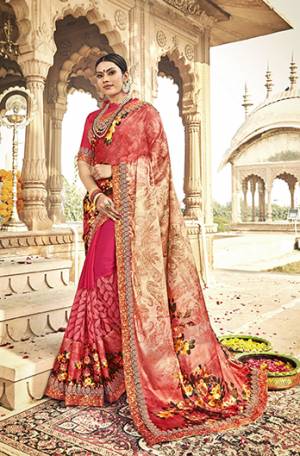 You Will Definitely Earn Lots Of Compliments In This Unique Patterned Designer Saree In Orange And Dark Pink Color Paired With Dark Pink Colored Blouse. This Saree Is Fabricated On Satin Georgette And Net Paired With Art Silk Blouse. Buy This Designer Saree Now. 