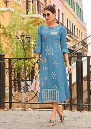 For Your Office Or Semi-Casual Wear, Grab This Readymade Kurti In Blue Color Fabricated On Cotton Beautified With Light Thread Work. It Is Available In All Regular Sizes. 
