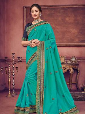 You Look elegant and stylish this festive season by draping this Blue color two tone silk fabrics saree. Ideal for party, festive & social gatherings. this gorgeous saree featuring a beautiful mix of designs. Its attractive color and heavy designer embroidered saree, sequence design, beautiful floral design all over work over the attire & contrast hemline adds to the look. Comes along with a contrast unstitched blouse.