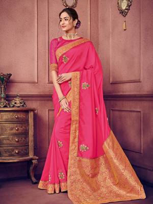 Presenting this Fuschia Pink color two tone silk fabrics saree. Ideal for party, festive & social gatherings. this gorgeous saree featuring a beautiful mix of designs. Its attractive color and heavy designer embroidered saree, patch moti design, gotta design, beautiful floral design all over work over the attire & contrast hemline adds to the look. Comes along with a contrast unstitched blouse.