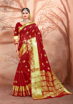 This Festive Season, Adorn A Pretty Look With Comfort Wearing This Saree Fabricated On Cotton Silk Beautified With Weave All Over It. This Saree Is Light Weight And Easy To Drape. Buy Now.